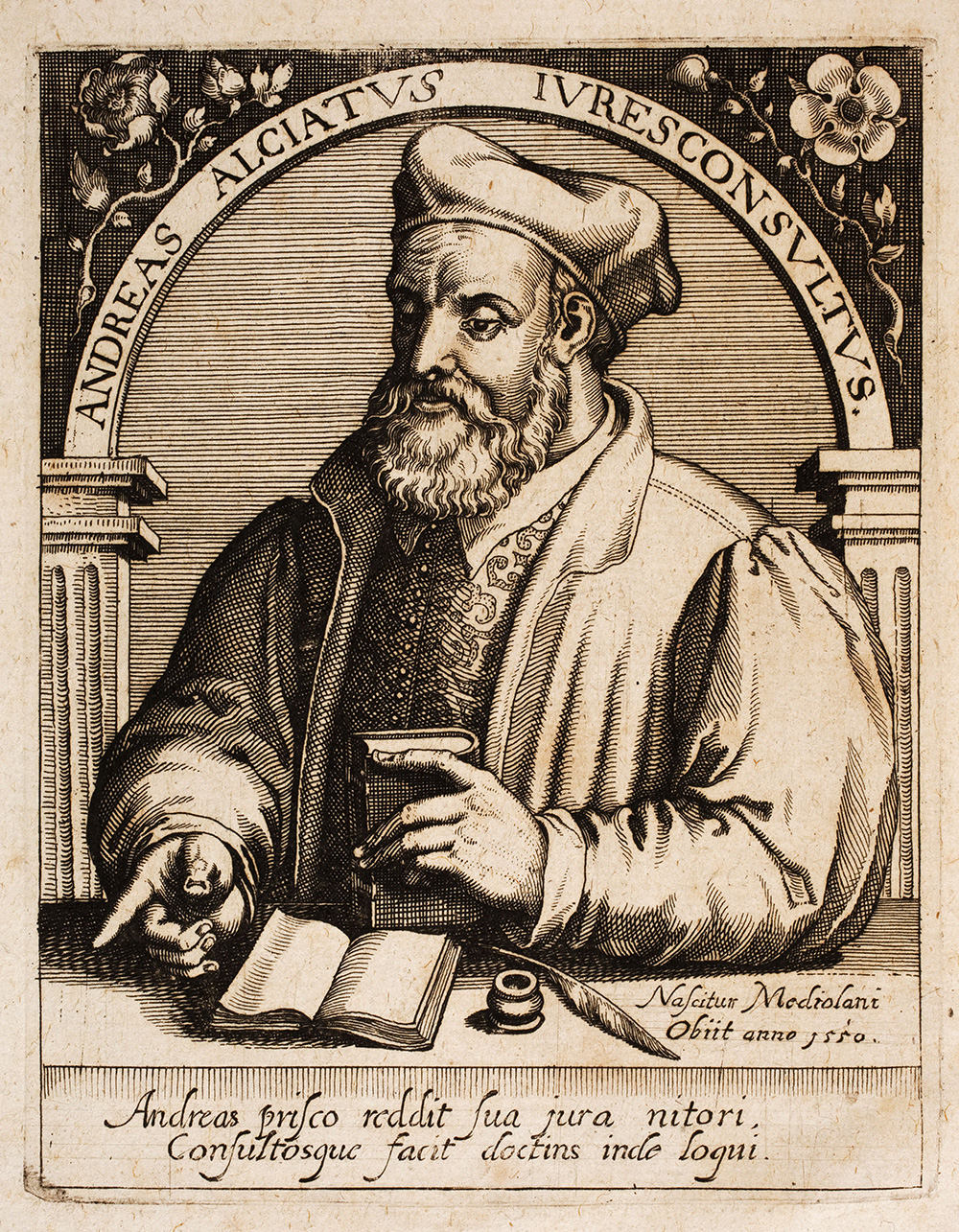 Engraved portrait of Andreas Alciatus, jurisconsult, with a book, a pen and an inkwell