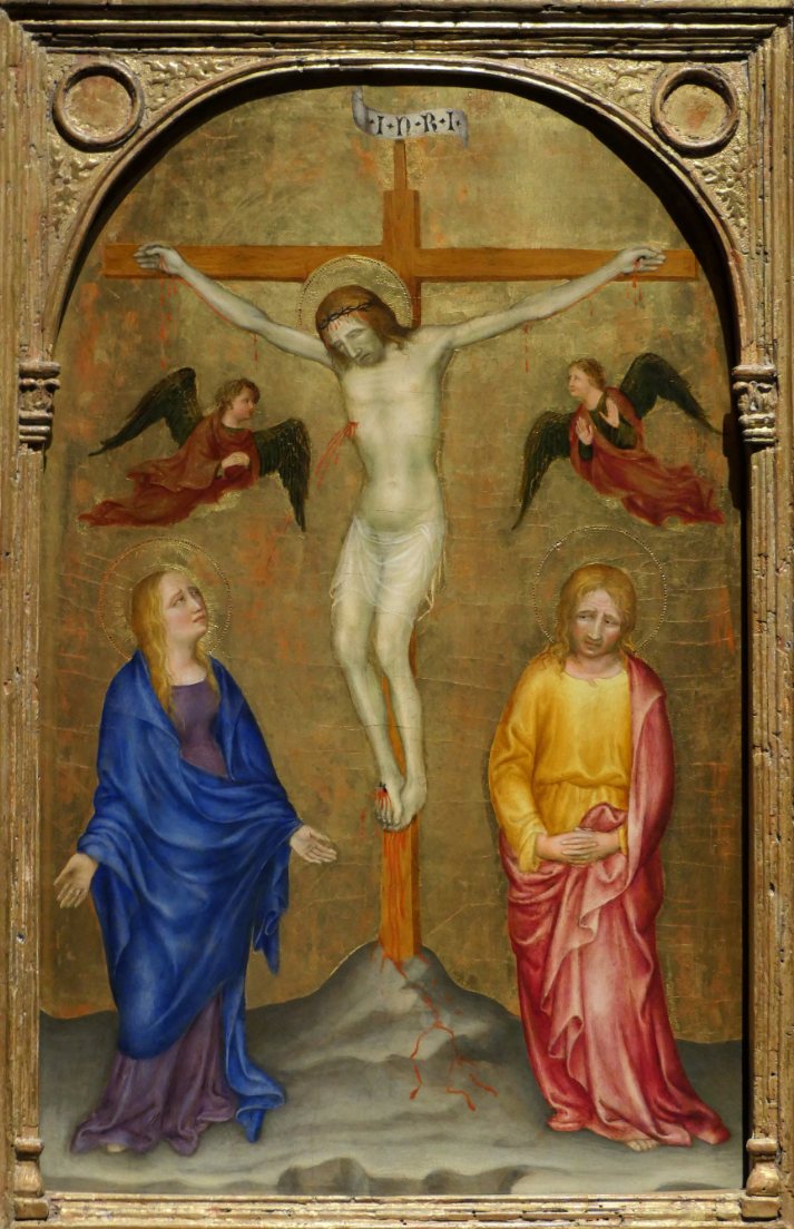 Crucifixion: Christ on the cross with Mary and St. John, two angels hovering beside the cross