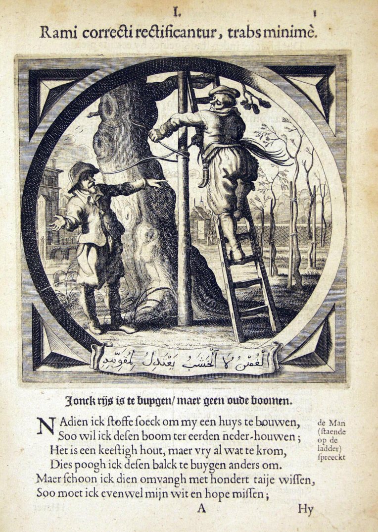 Emblem: a man on a ladder tries to bend an old crooked tree straight with ropes, watched by a second man