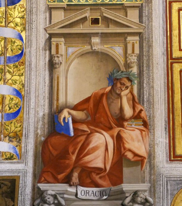 Fresco of the poet Horace, laurel-crowned, seated in a niche holding a book, inscribed ORACIO
